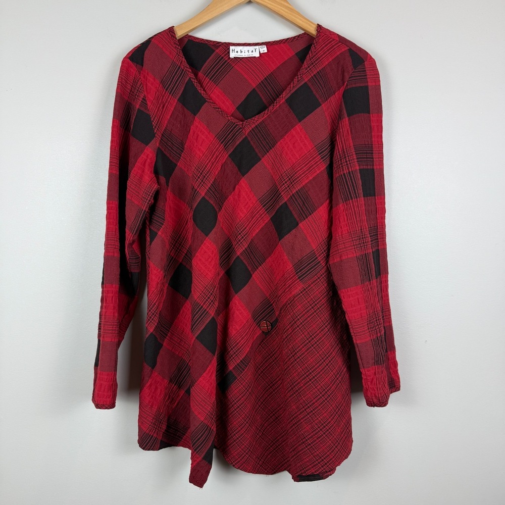 Habitat Top Women M Red Black Plaid Long Sleeve Asymmetric Tunic Lagenlook Artsy